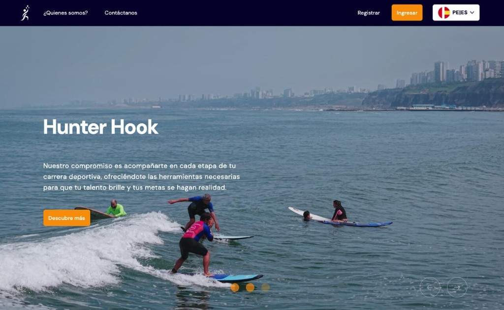 Hunter Hook 公開ポータル: ナビゲーションバー、スポーツ写真のヒーローと「もっと見る」CTA